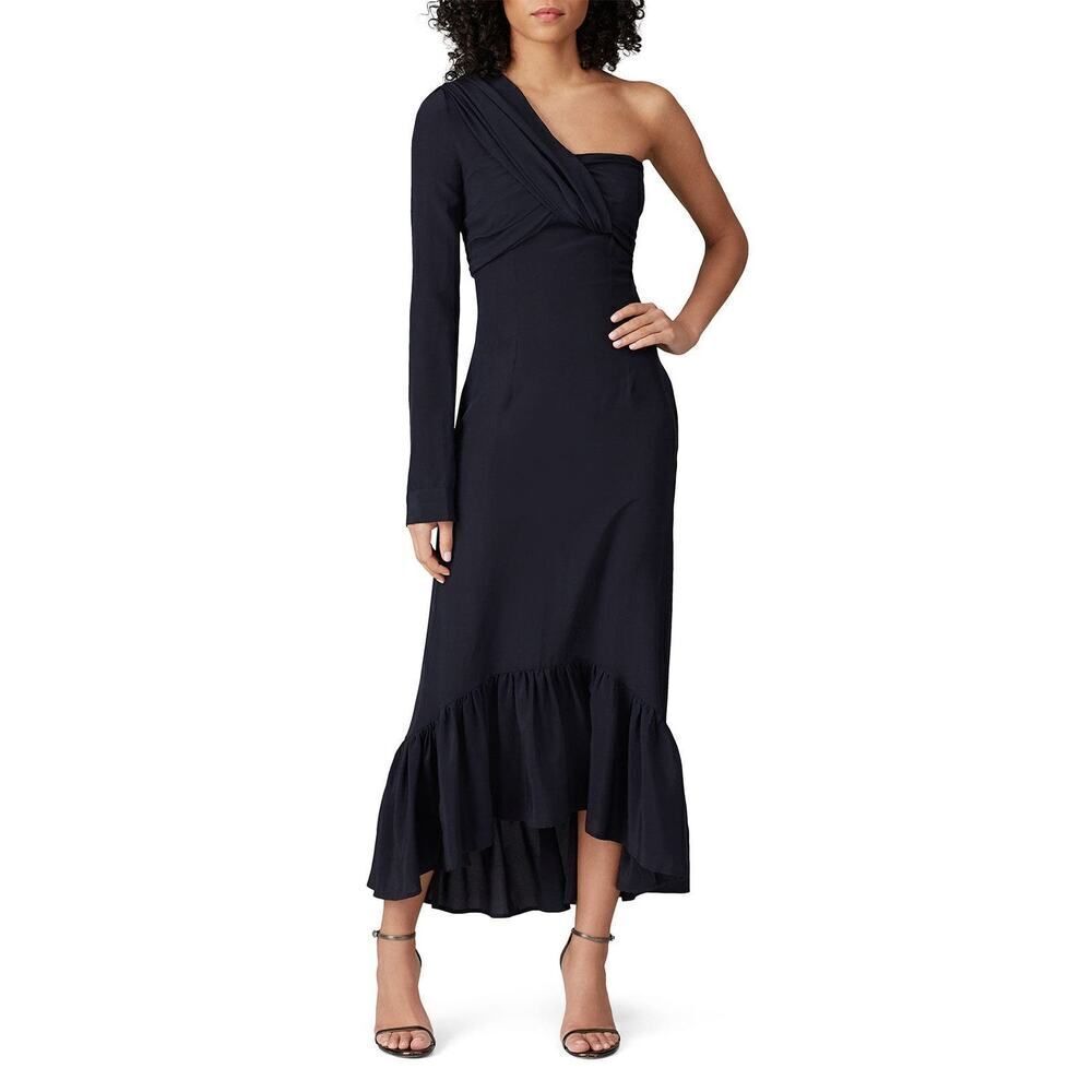 rokh One Shoulder Knot Dress Women's 38 Navy Blue Crepe Midi Ruffle RTR